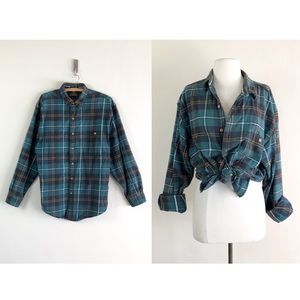 vintage 90s distressed plaid flannel shirt eddie bauer grunge button up boho